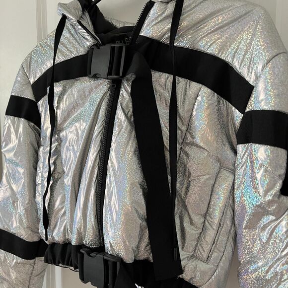 Dolls Kill Space Raid Silver Holographic Cropped Puffer Jacket with Hood (XS) - Picture 4 of 9
